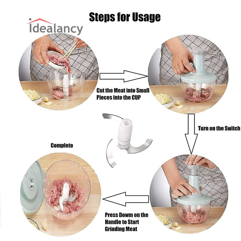Manual Hand Operated Chopper Pump Action With Free 3 Blades Food Processor Portable Container And Easy To Clean Kitchen Gadget.