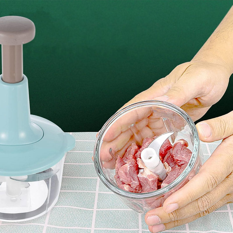 Manual Hand Operated Chopper Pump Action With Free 3 Blades Food Processor Portable Container And Easy To Clean Kitchen Gadget.