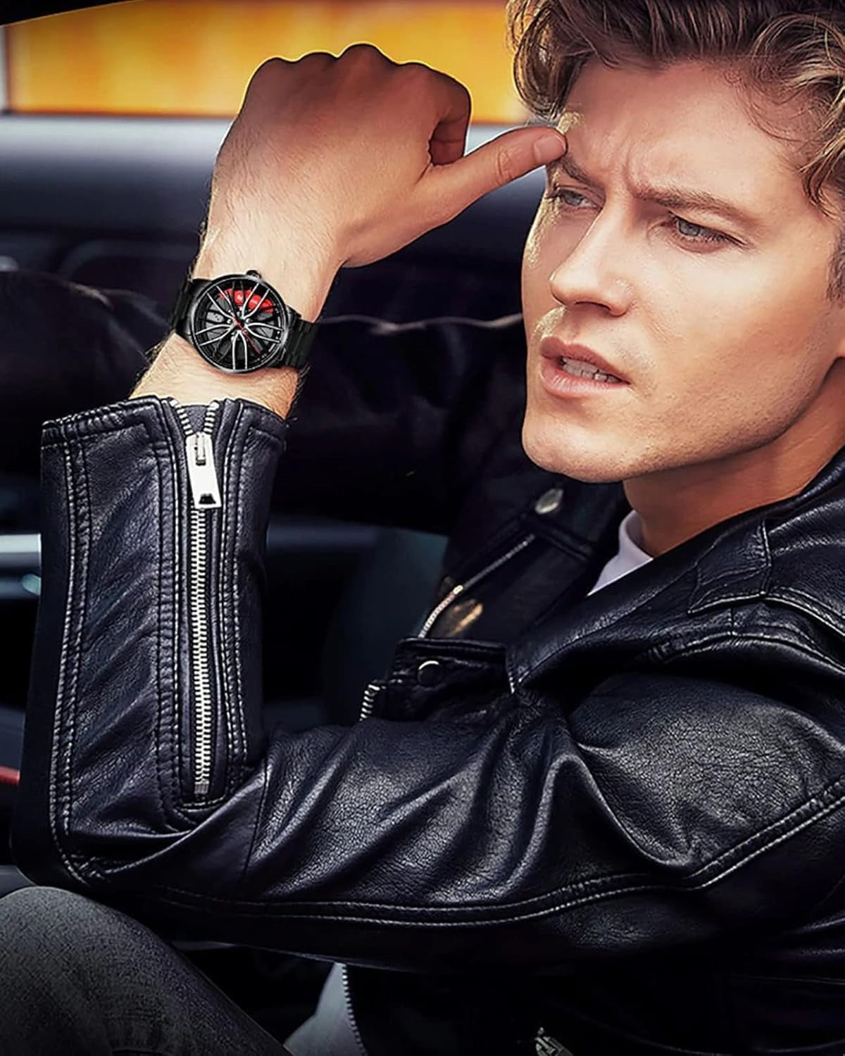 ساعة يد رجالية بتصميم عجلة سيارة ثلاثية الأبعاد دوارة 